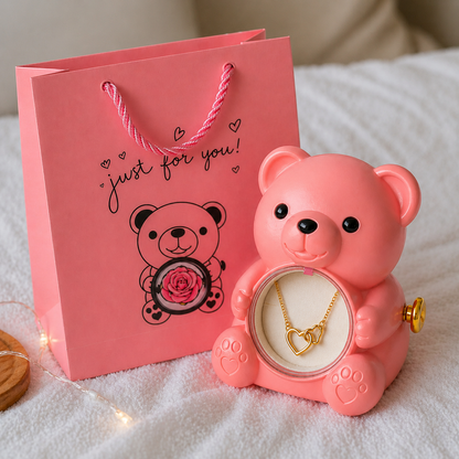 Collar Almas Gemelas + Oso Joyero Premium con Rosa Eterna