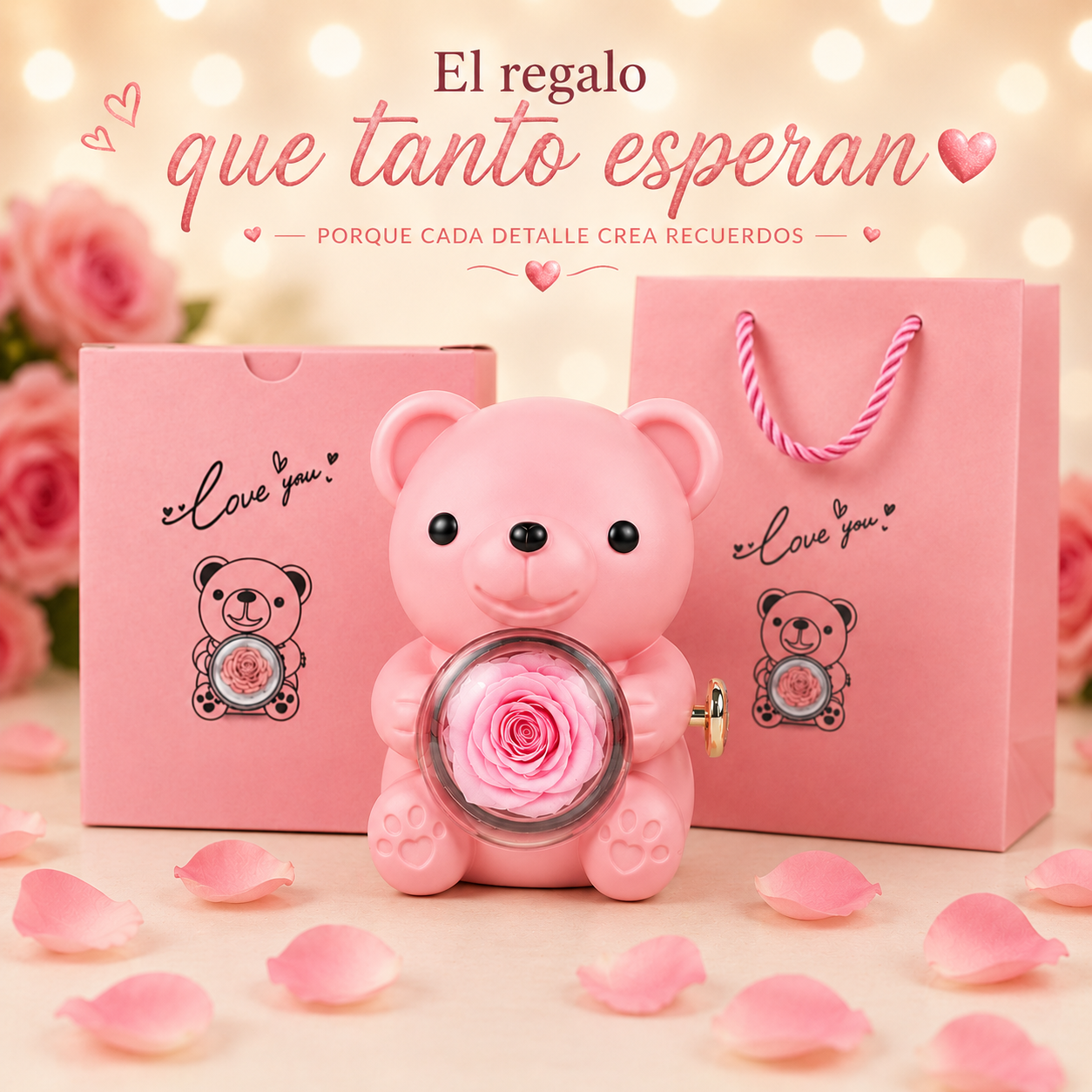Collar Almas Gemelas + Oso Joyero Premium con Rosa Eterna